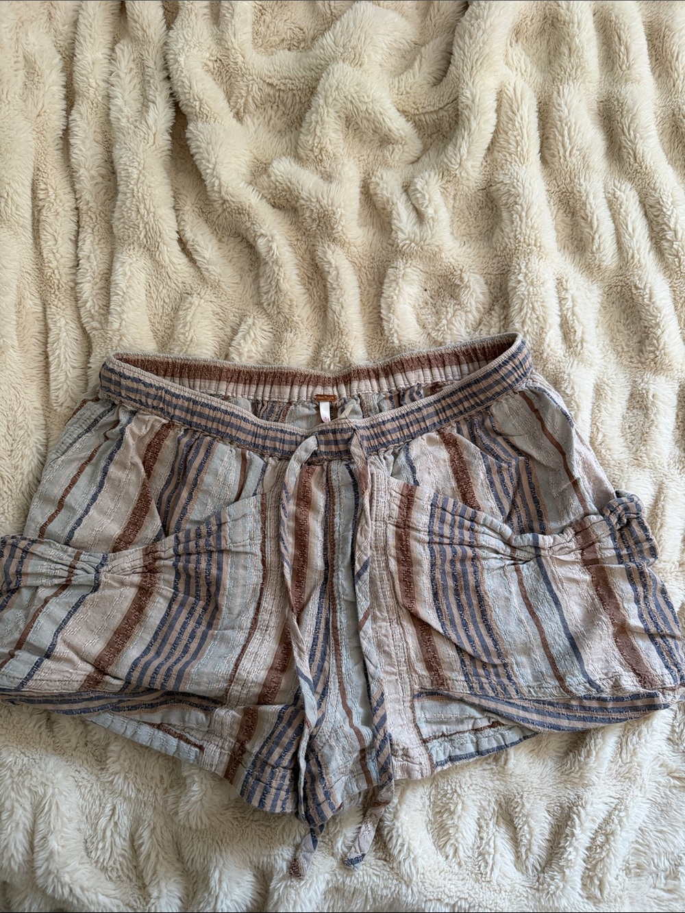 Free People Striped Drawstring Athletic Shorts - Cream, Brown, Blue
